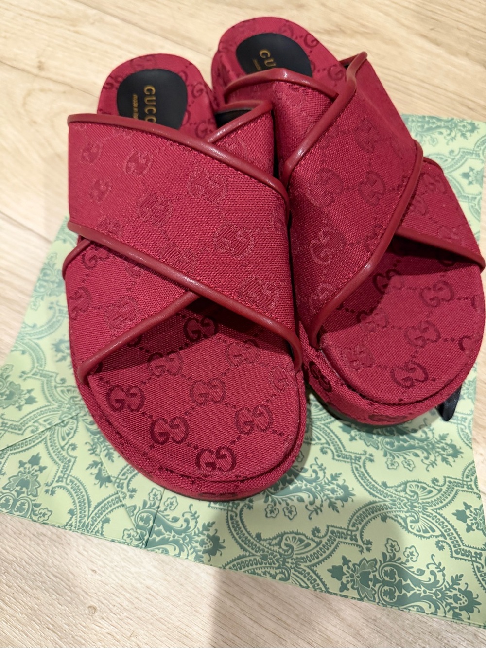 Gucci Red GG Cross-Strap Slide Sandals